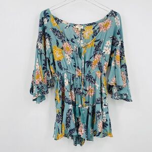 Umgee Size Small Blue Floral Boho Bell Sleeve Tassel Romper Flutter Legs